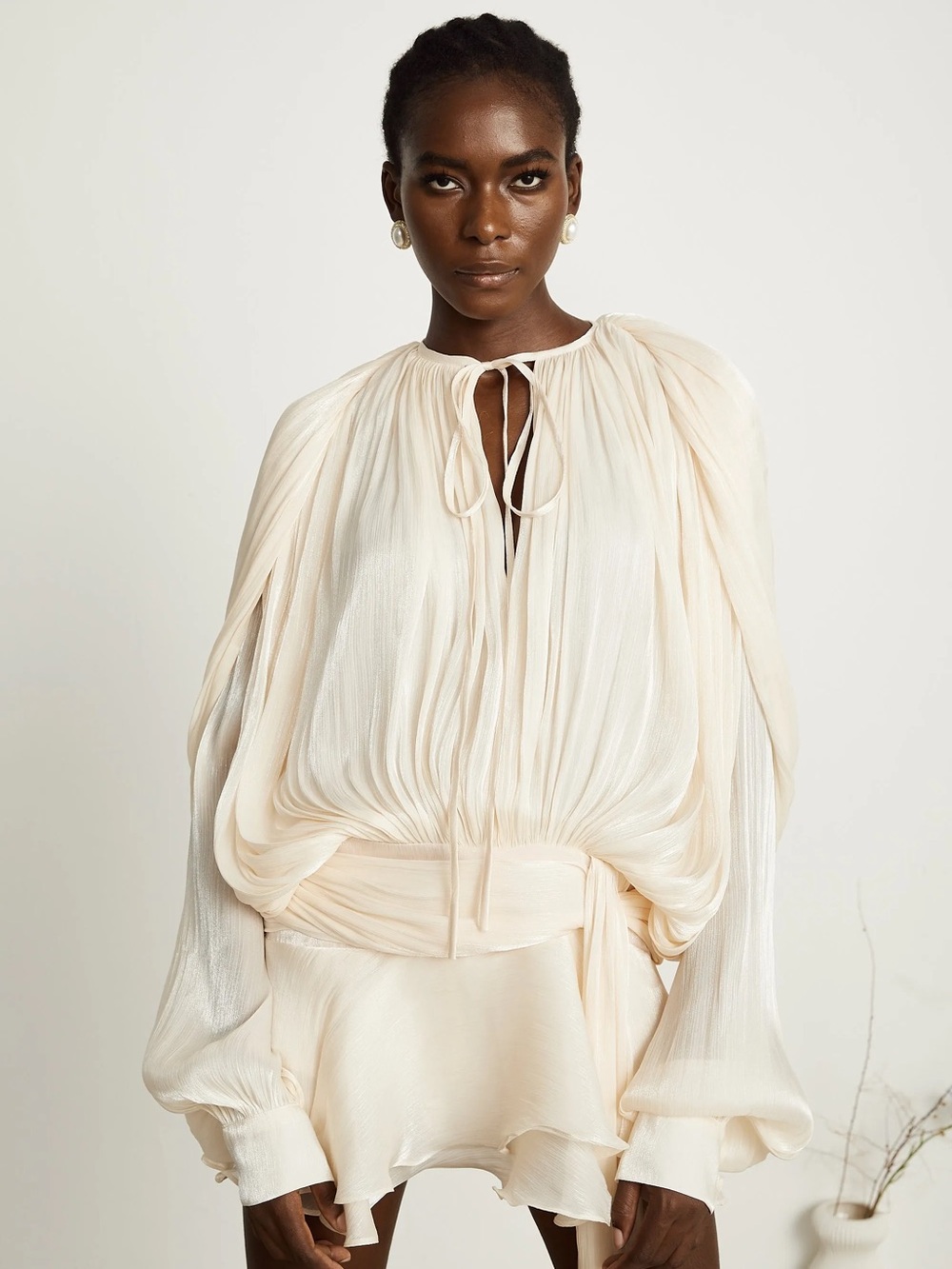 Eugene Dress Miss Rosier | Cream Pleated Mini Dress with Tie-Neck